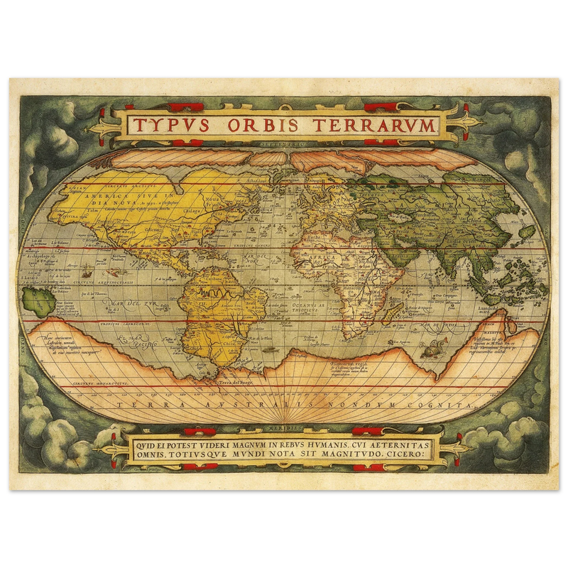 Ancient map reproduction print of a world map of 1579 Typus Orbis Terrarum by Abraham Ortelius.