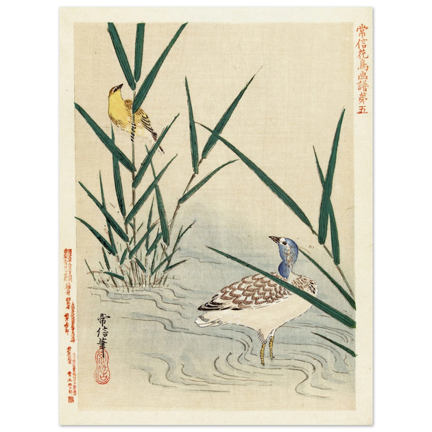 Water bird looking at yellow songbird by Kano Tsunenobu, 1893.