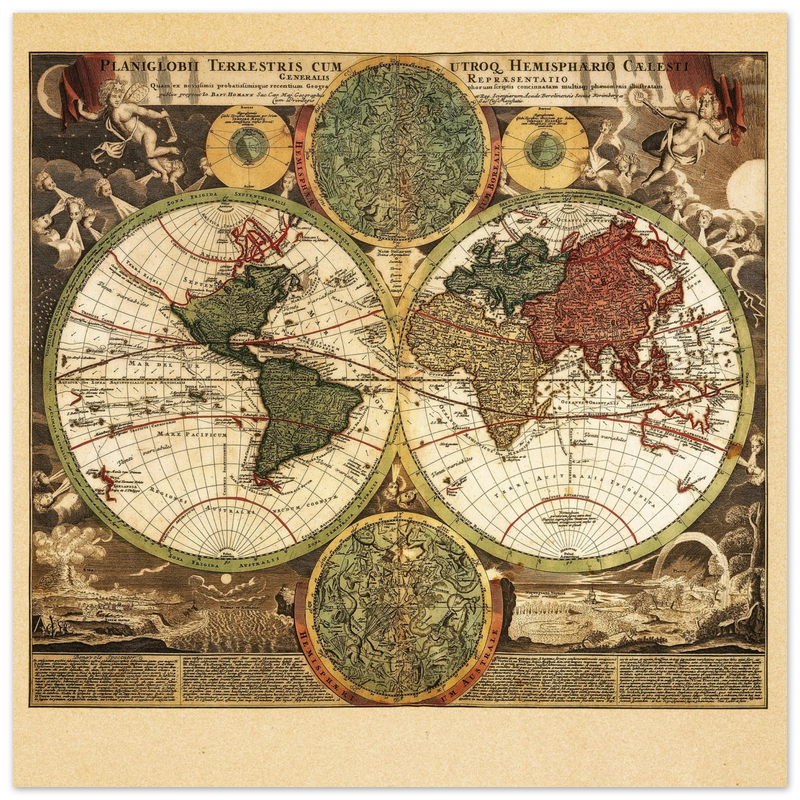 Ancient world map print. Vintage poster reproduction of world globe. Double hemisphere print