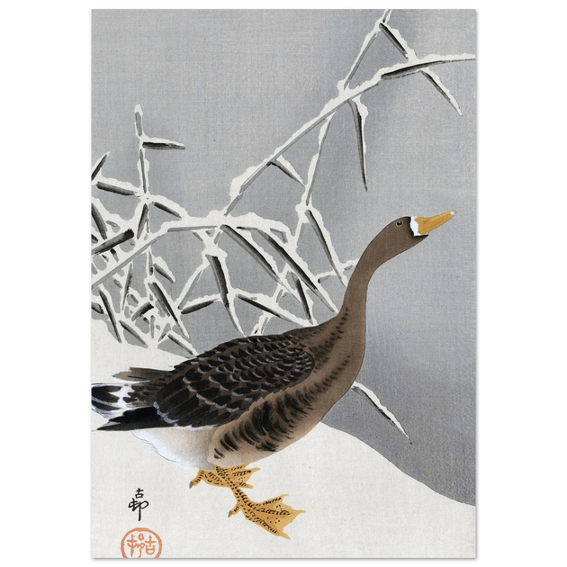 White-fronted goose in the snow by Ohara Koson