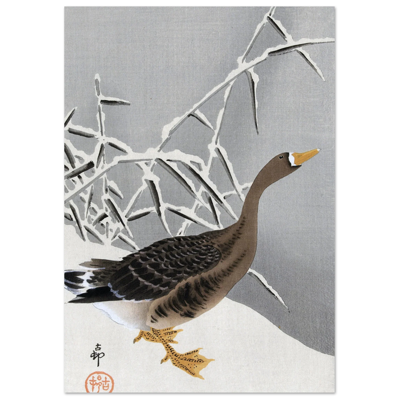 White-fronted goose in the snow by Ohara Koson
