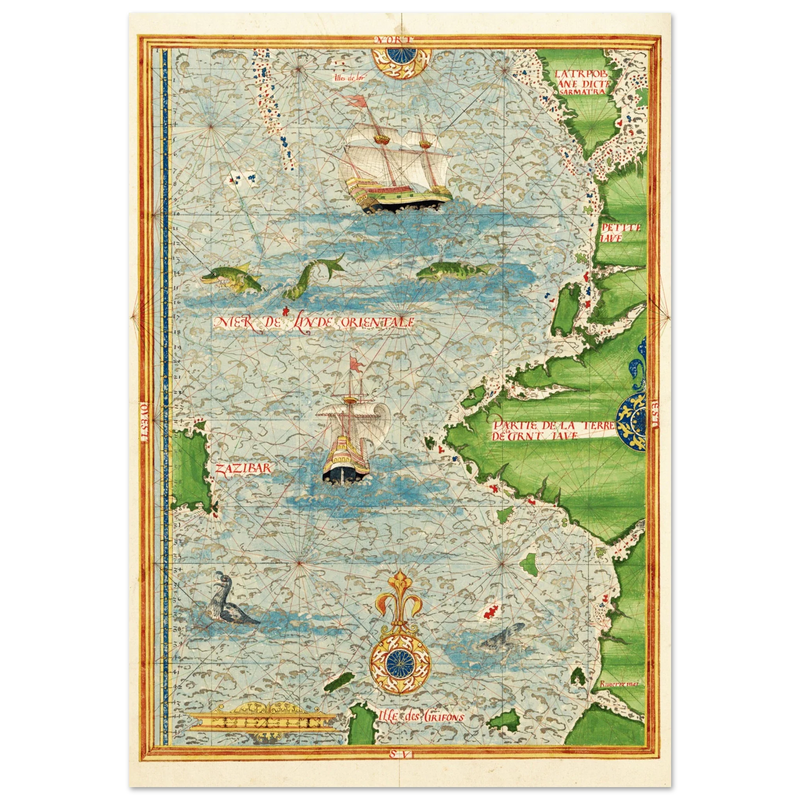 Ancient illustrated beautiful map poster reproduction by Guillaume Le Testu 1555