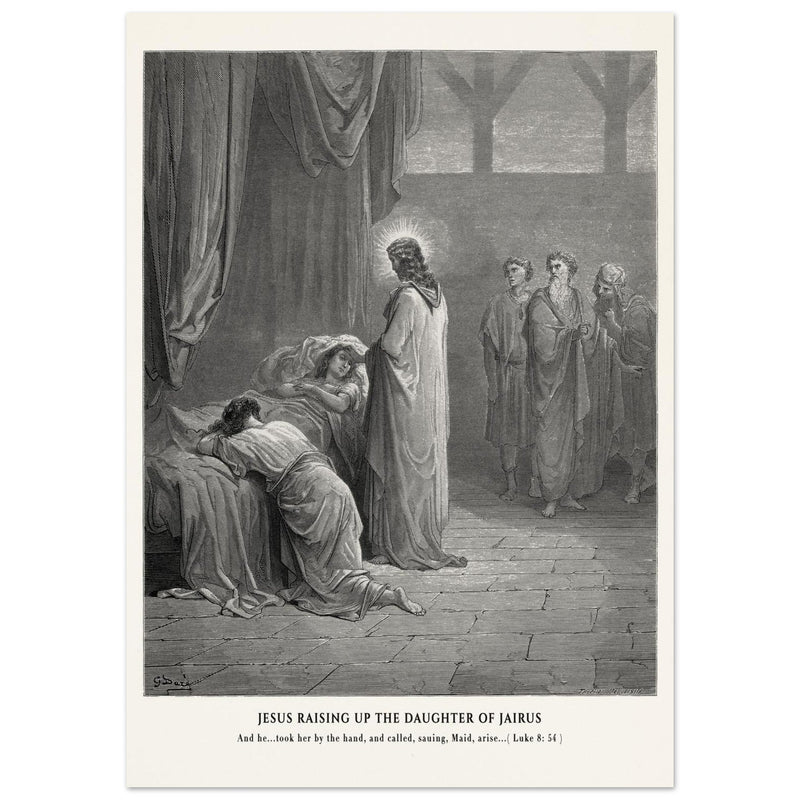 Gustave Dore The Bible engraving print . Jesus raising up the daughter of Jairus miracle .