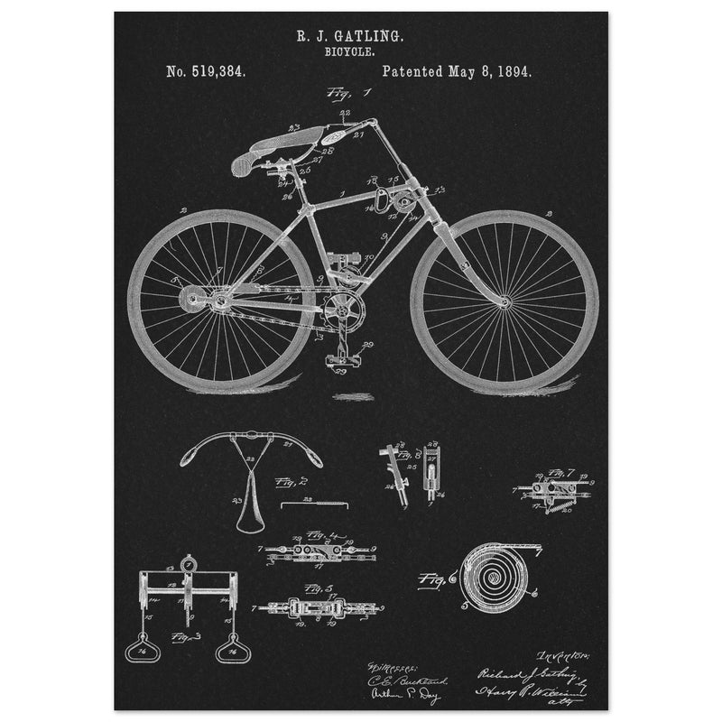 Vintage bicycle patent by Richard J Gatling 1894