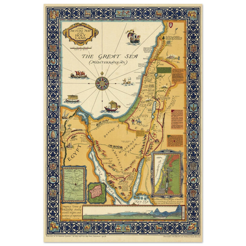 The Picture Map of the Holy Land by Harold Haven Brown . Biblical Palestine vintage map.