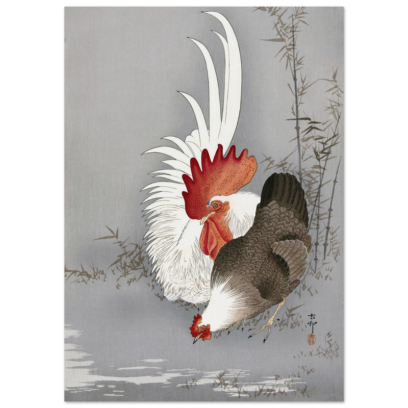Rooster and chicken by Ohara Koson