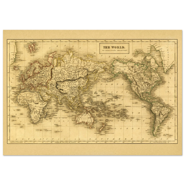 Ancient map of the world. The world on Mercator projection