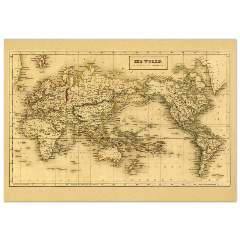 Ancient map of the world. The world on Mercator projection
