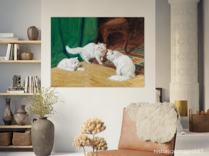 Three white cats playing old painting by Arthur Heyer.