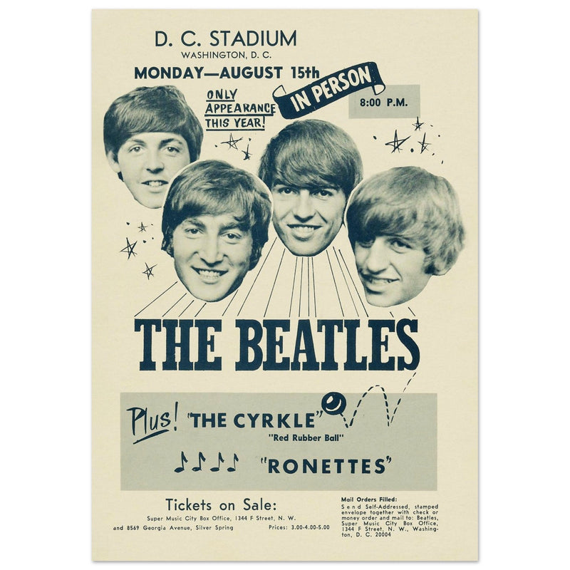 The Beatles music poster. Performance at the D. C. Washington stadium in 1966.