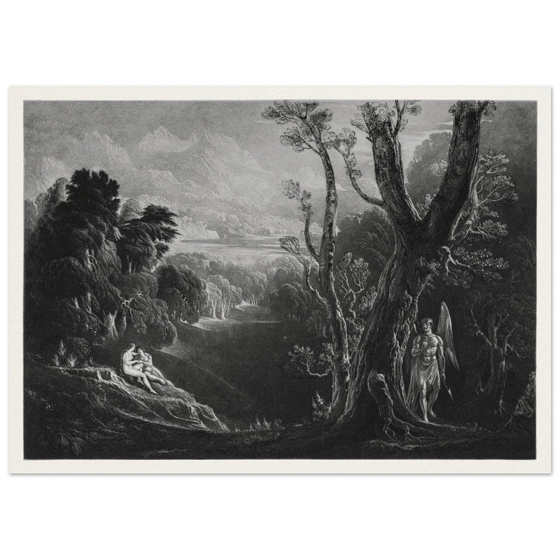John Martin mezzotint engraving . Satan Contemplating Adam and Eve in Paradise. Paradise Lost by Milton.