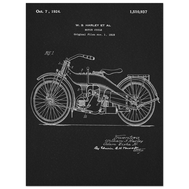 Vintage motorcycle patent by William S Harley founder of harley davidson.