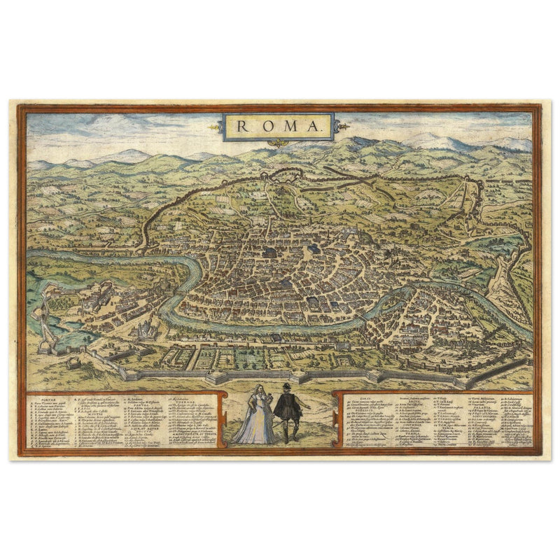 Ancient map of Rome with engravings by Georg Braun and Frans Hogenberg.