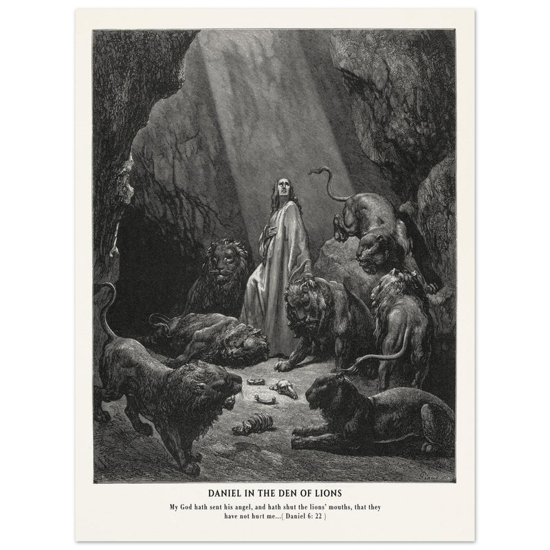 Gustave Dore The Bible engraving print . Daniel in the den of lions illustration .