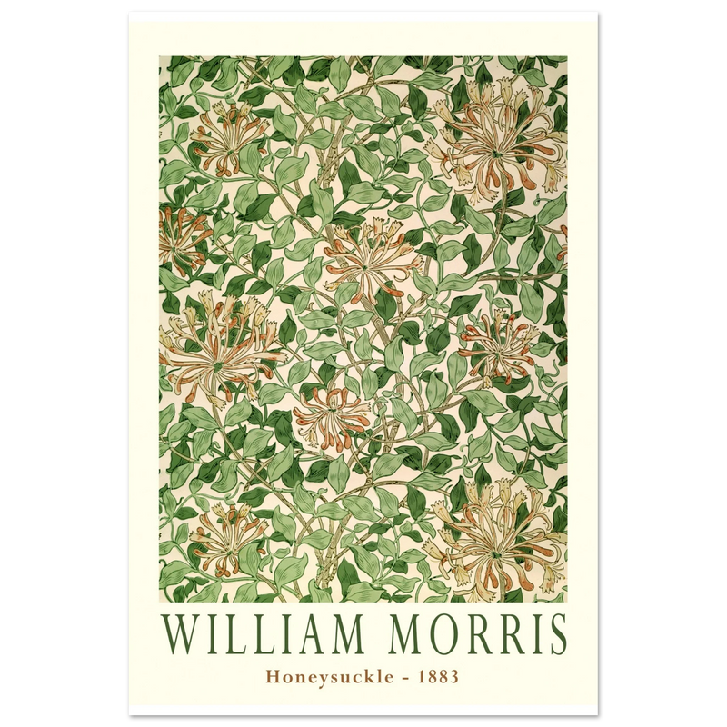 William Morris art print Honeysuckle wallpaper. Vintage flower and leaves poster.