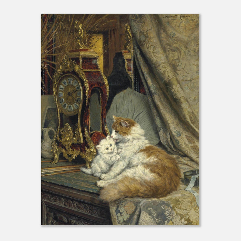 A Mother Cat and her Kitten with a Bracket Clock by Henriette Ronner Knip