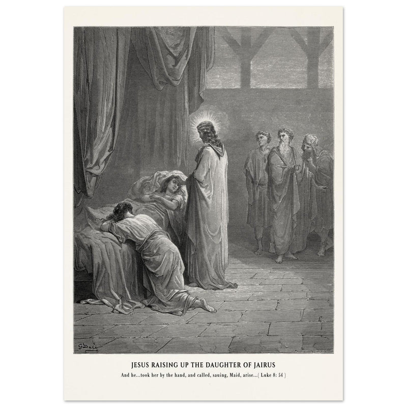 Gustave Dore The Bible engraving print . Jesus raising up the daughter of Jairus miracle .