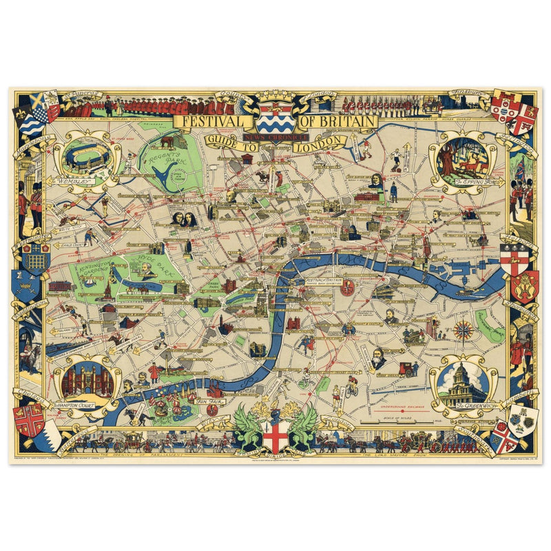 London 1951 vintage city map . Landmarks and places of interest in London.
