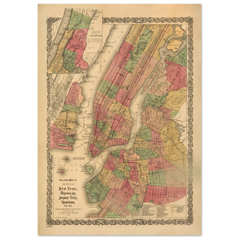 1886 New York City vintage map by G. W & C.B Colton. Antique maps