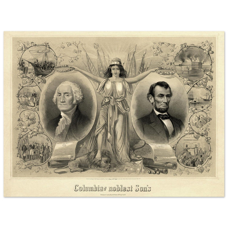 Abraham Lincoln and George Washington. Columbia's noblest sons engraving