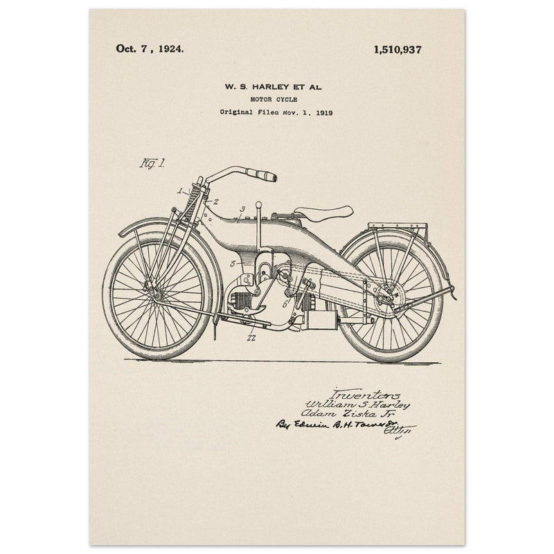 Vintage motorcycle patent by William S Harley founder of harley davidson.