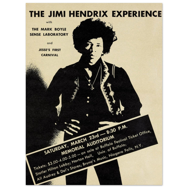 Jimi Hendrix experience music poster. Performance in the Memorial Auditorium Buffalo New York.