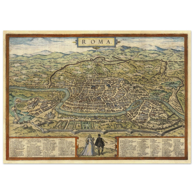 Ancient map of Rome with engravings by Georg Braun and Frans Hogenberg.