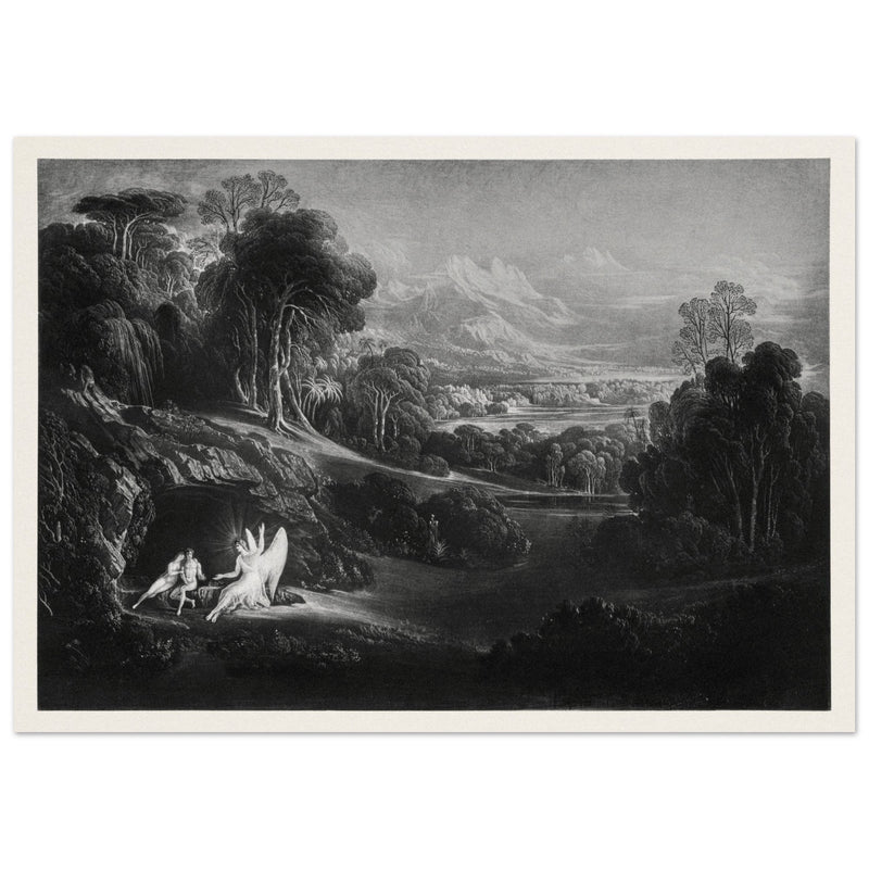 John Martin Paradise Lost vintage mezzoting engraving . Raphael Conversing with Adam and Eve .
