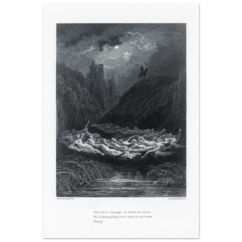 Gustave Dore illustration of King Arthur legend . The Fairy Circle. From the book Idylls of the King by Alfred Tennyson.