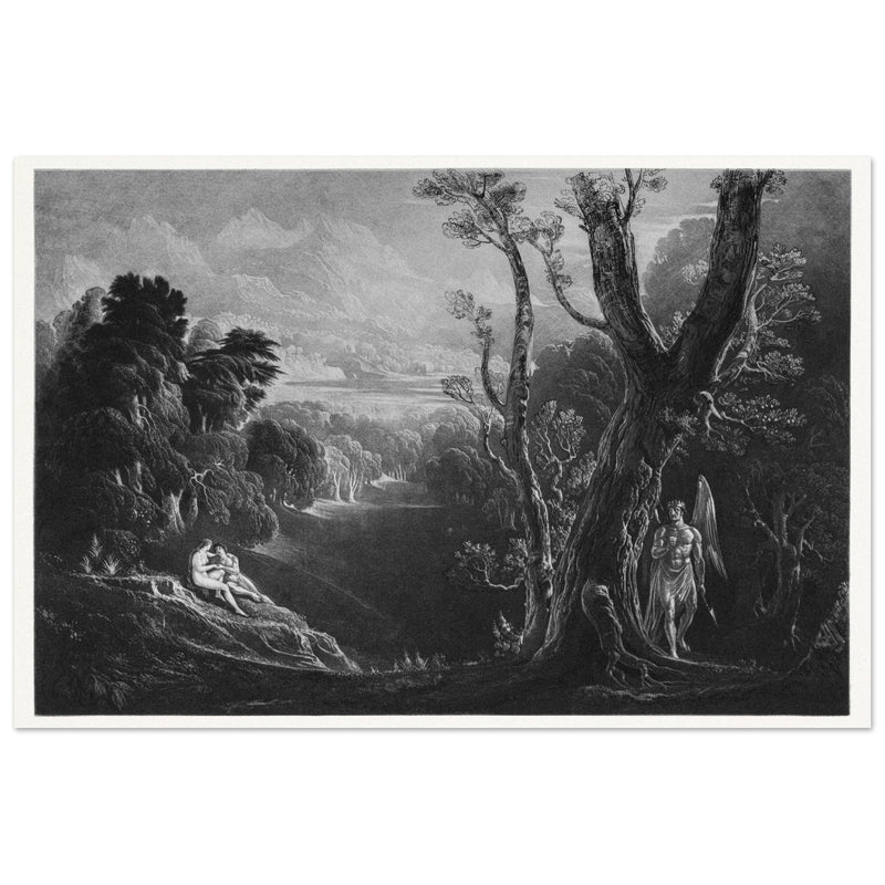 John Martin mezzotint engraving . Satan Contemplating Adam and Eve in Paradise. Paradise Lost by Milton.
