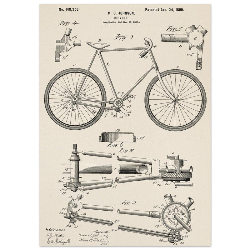 Vintage bicycle patent 1899 by M. C Johnson.