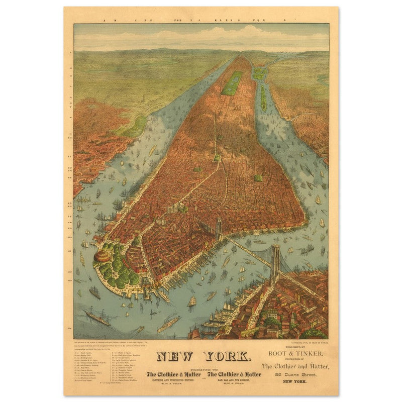 New York City vintage historic aerial view. Antique print  of Manhattan and the Hudson and East river.