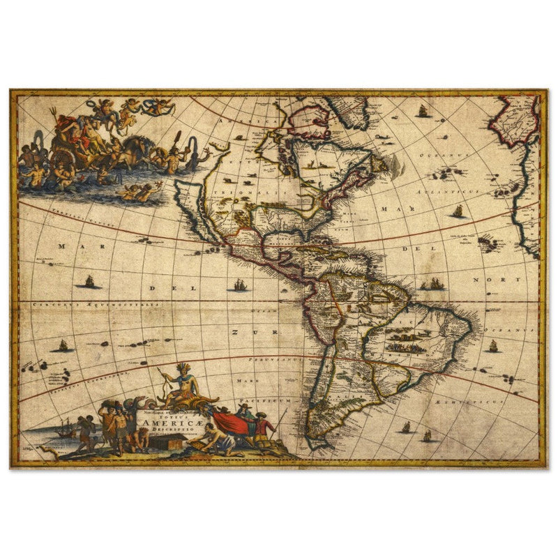 Ancient old illustrated map of America by Jacobum Meursium XVII Century