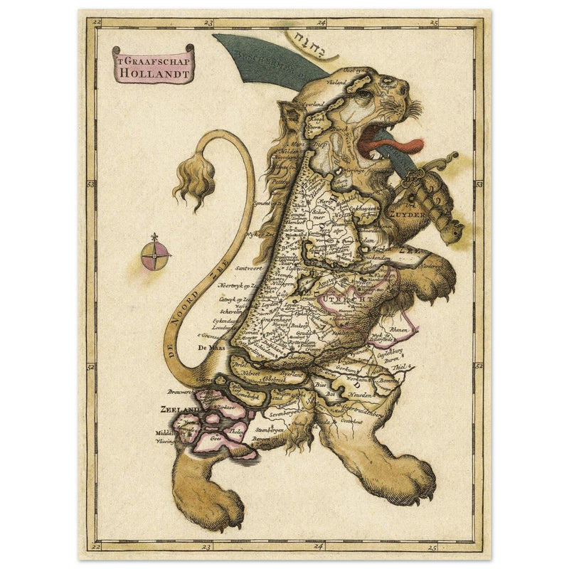 Ancient map of the Graafschap Holland in the form of the Netherlands Lion.