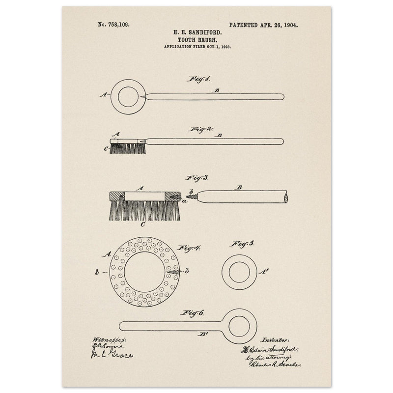 Toothbrush patent illustration by H E Sandiford.