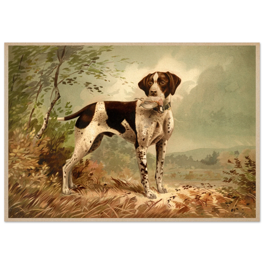 Hunting dog vintage painting poster with partridge in mouth