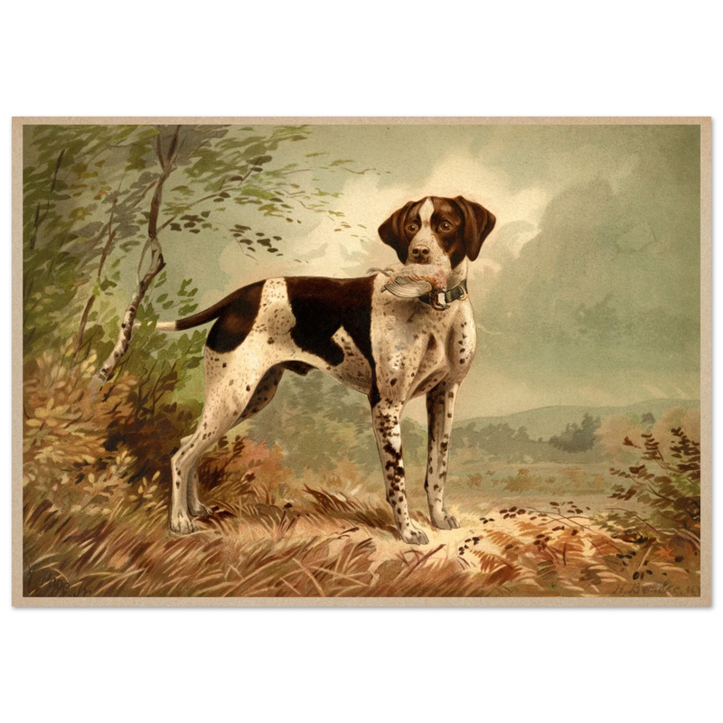 Hunting dog vintage painting poster with partridge in mouth