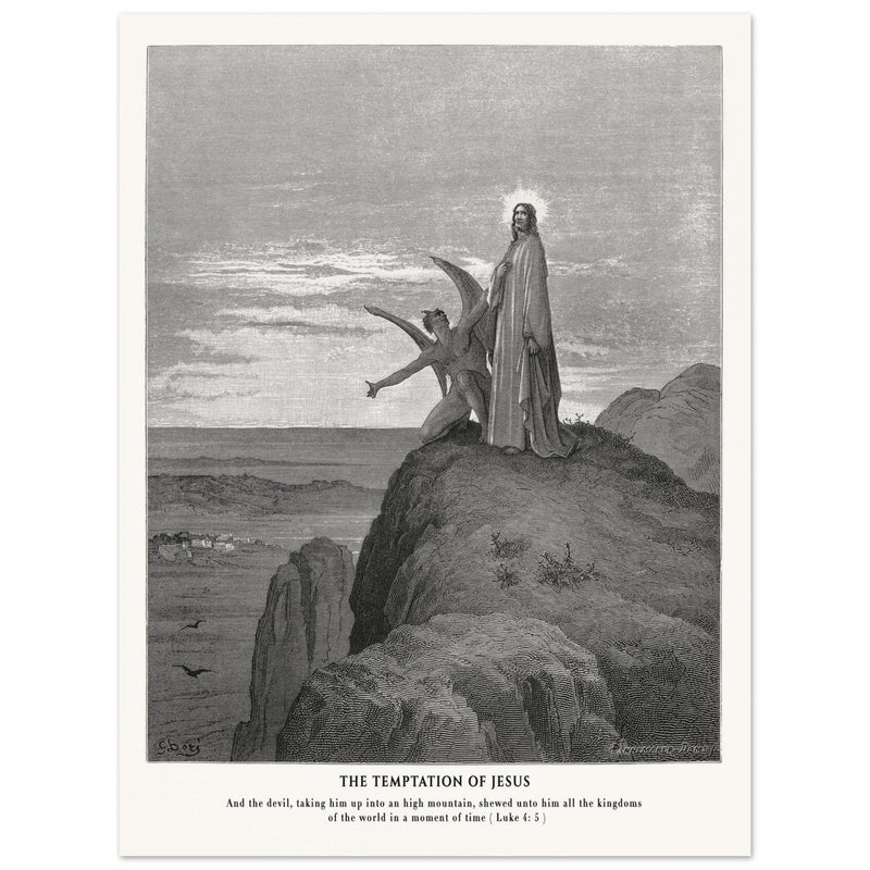 Gustave Dore The Bible engraving print . The temptation of Jesus illustration .
