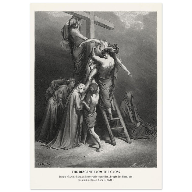 Gustave Dore The Bible engraving print . The Descent from the cross after Crucifixion illustration .