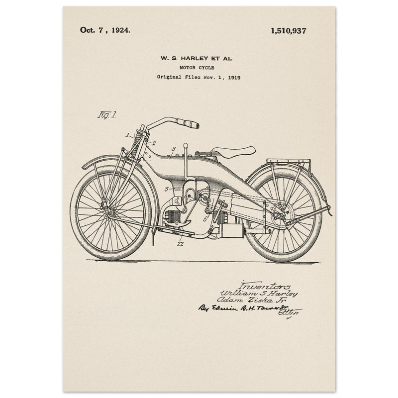 Vintage motorcycle patent by William S Harley founder of harley davidson.