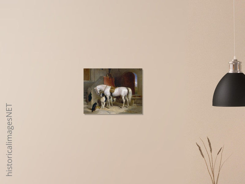White horse in stable with dogs antique painting by Edwin Landseer.