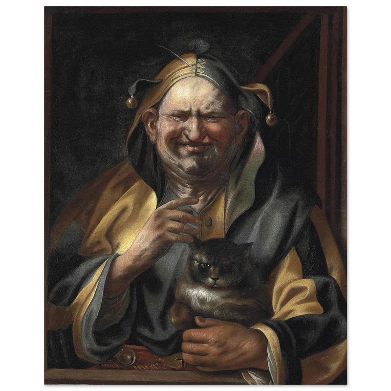 A jester with a cat antique painting reproduction by Studio of Jacob Jordaens.