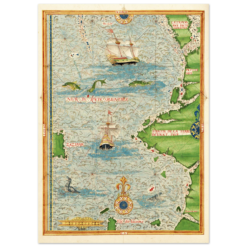 Ancient illustrated beautiful map poster reproduction by Guillaume Le Testu 1555