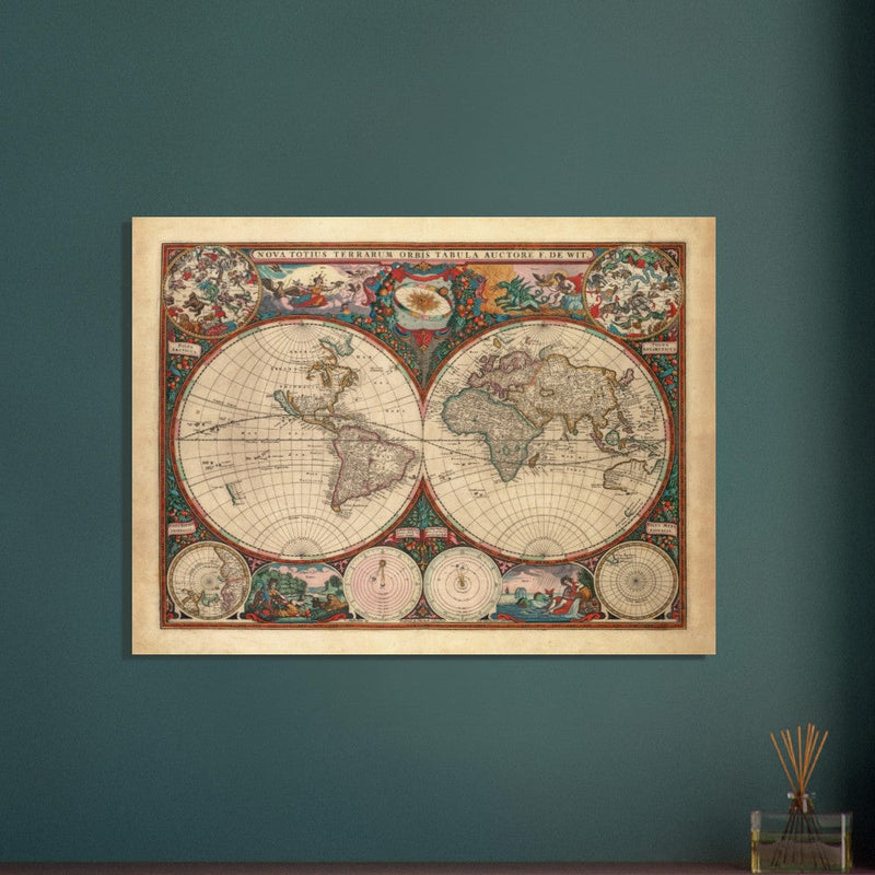 1660 Ancient old world map. Double hemisphere antique map reproduction.