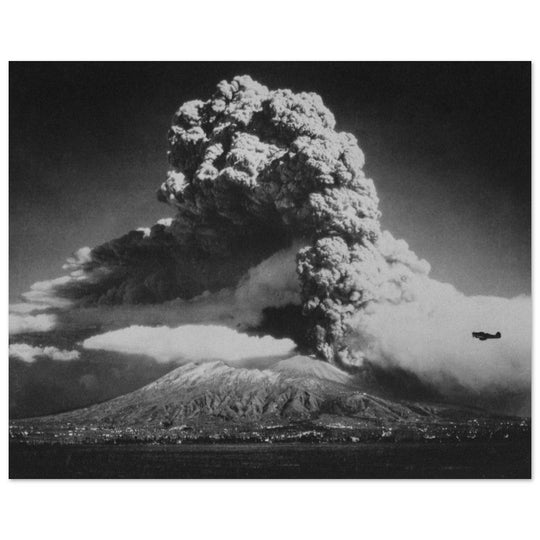 A Curtiss P-40 airplane in front of Mount Vesuvius' eruption in Italy 1944. War photography
