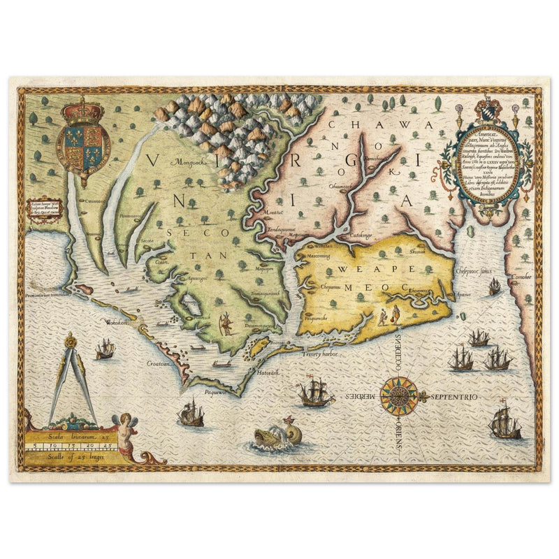 Ancient map of Virginia by Theodor de Bry XVI Century.