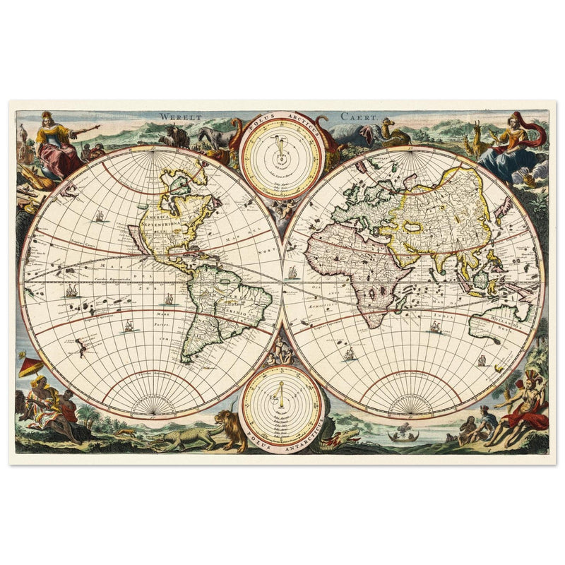 Ancient world map. Vintage double hemisphere cartography by Daniel Stoopendaal .