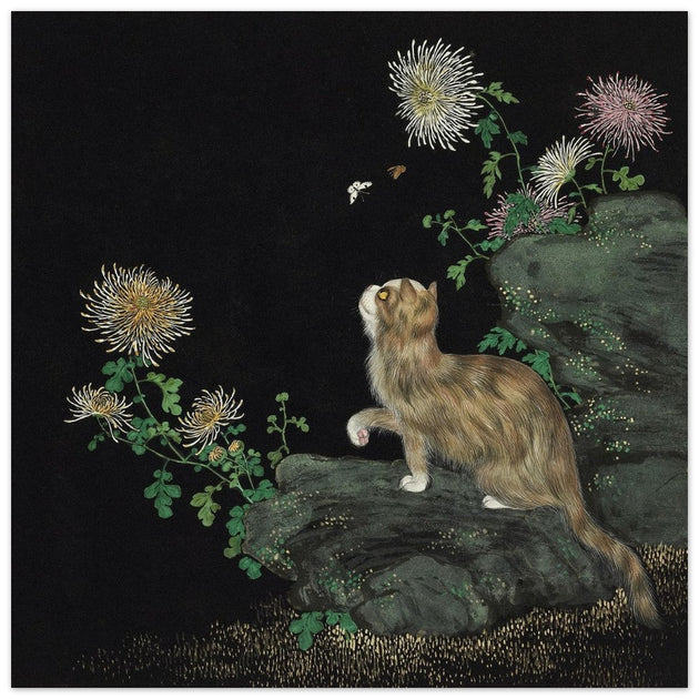 Cats and Butterflies in Springtime old oriental painting by Shen Zhenlin.