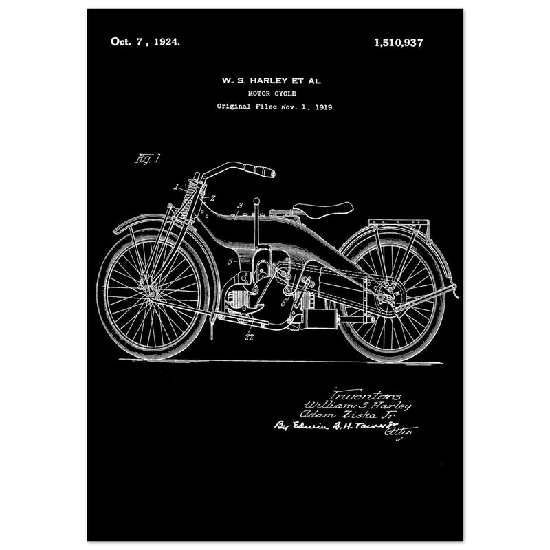 Vintage motorcycle patent by William S Harley founder of harley davidson.
