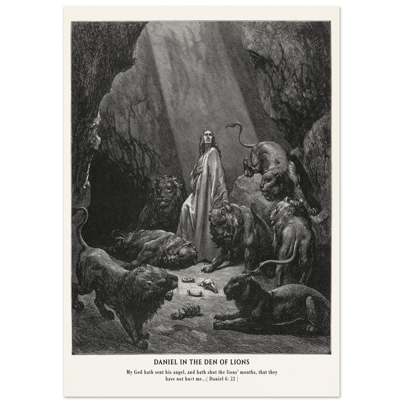 Gustave Dore The Bible engraving print . Daniel in the den of lions illustration .
